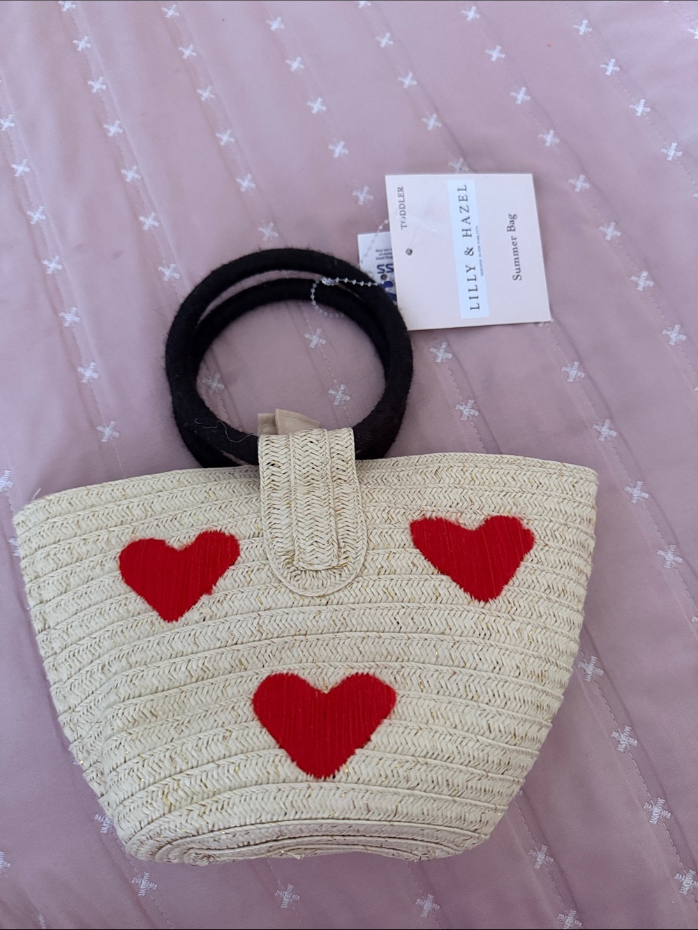 Cream Straw Tote with Red Heart Accents